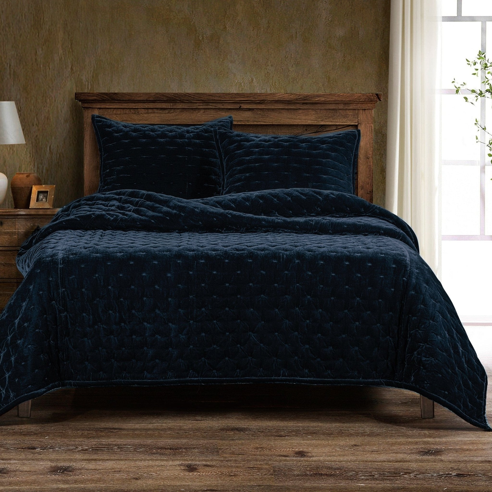 Vegas Faux Silk Velvet Quilt in Dark Navy Blue - Your Western Decor