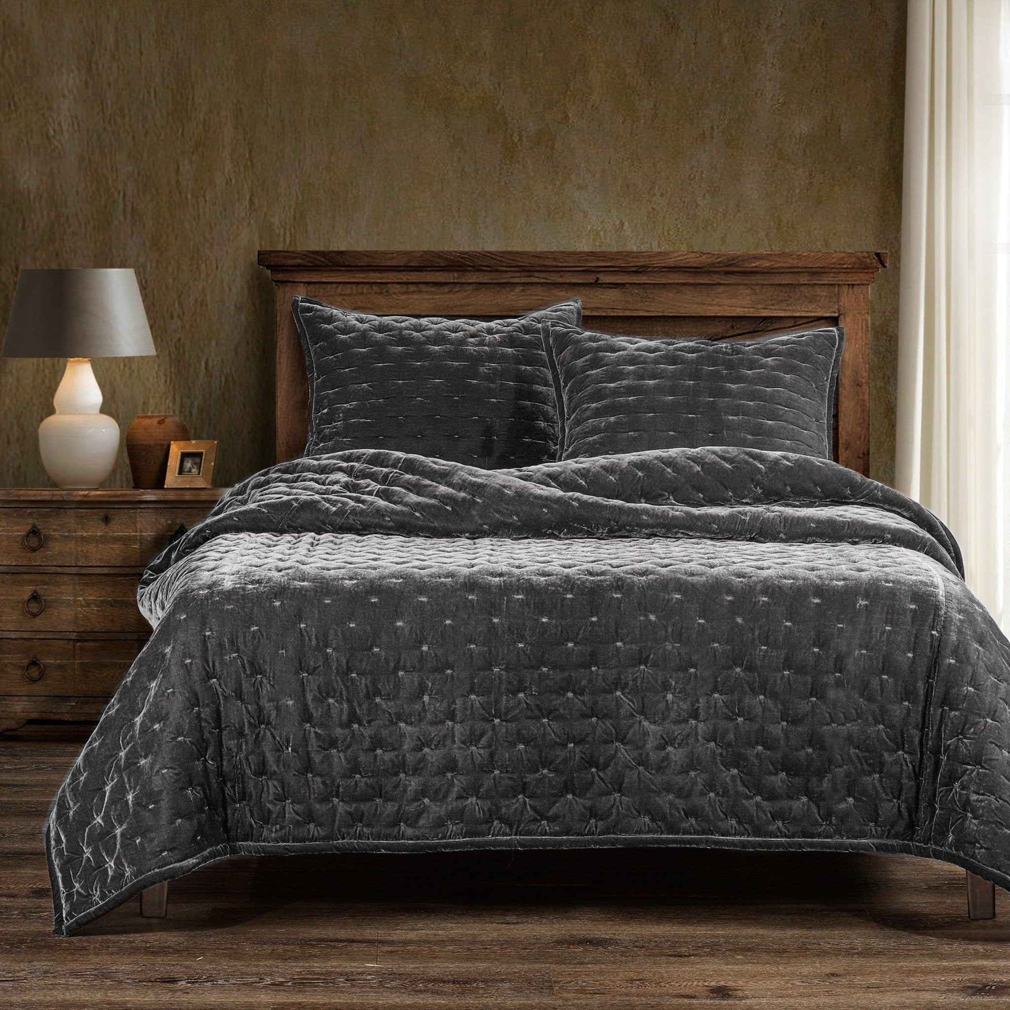 Vegas Faux Silk Velvet Quilt in Dark Grey - Your Western Decor