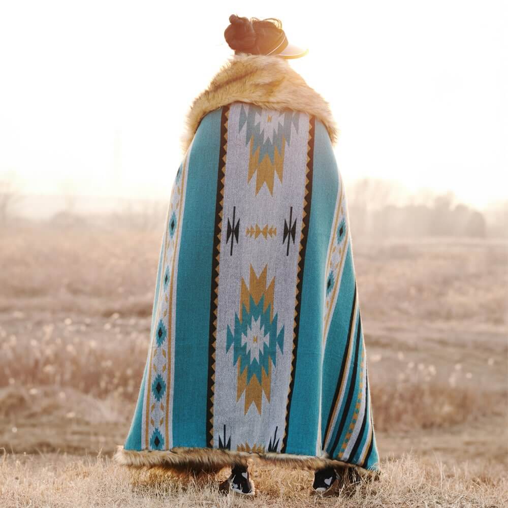 Faux Fur Aztec Blanket Turquoise+Gold - Your Western Decor