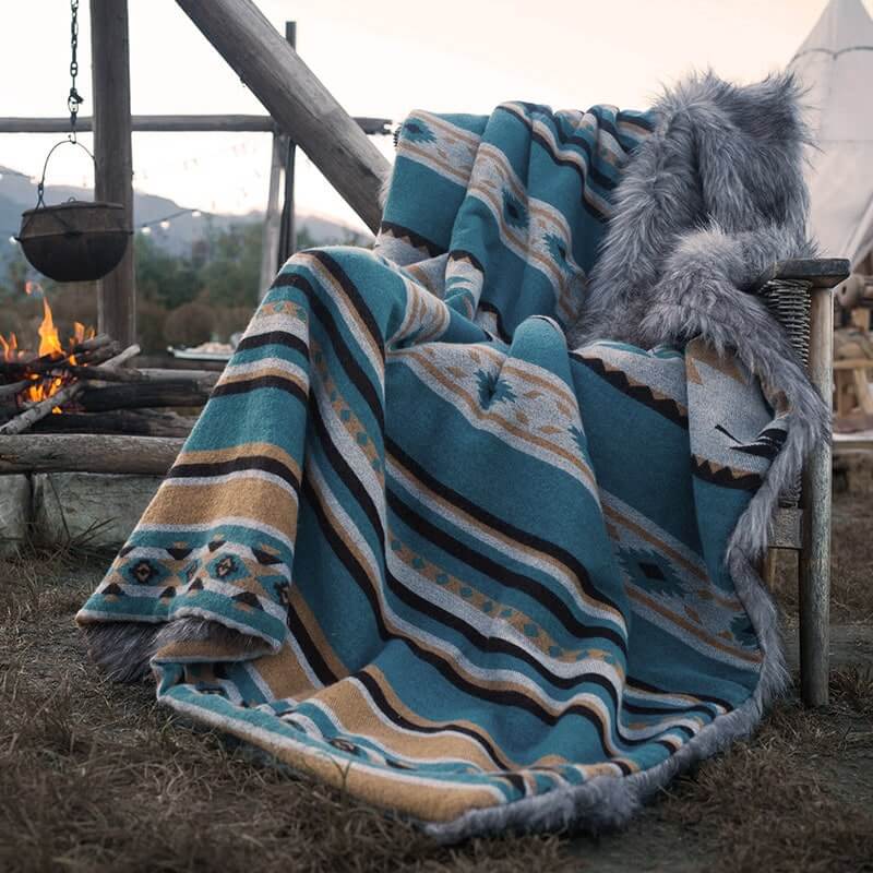Faux Fur Aztec Blanket Turquoise+Grey - Your Western Decor