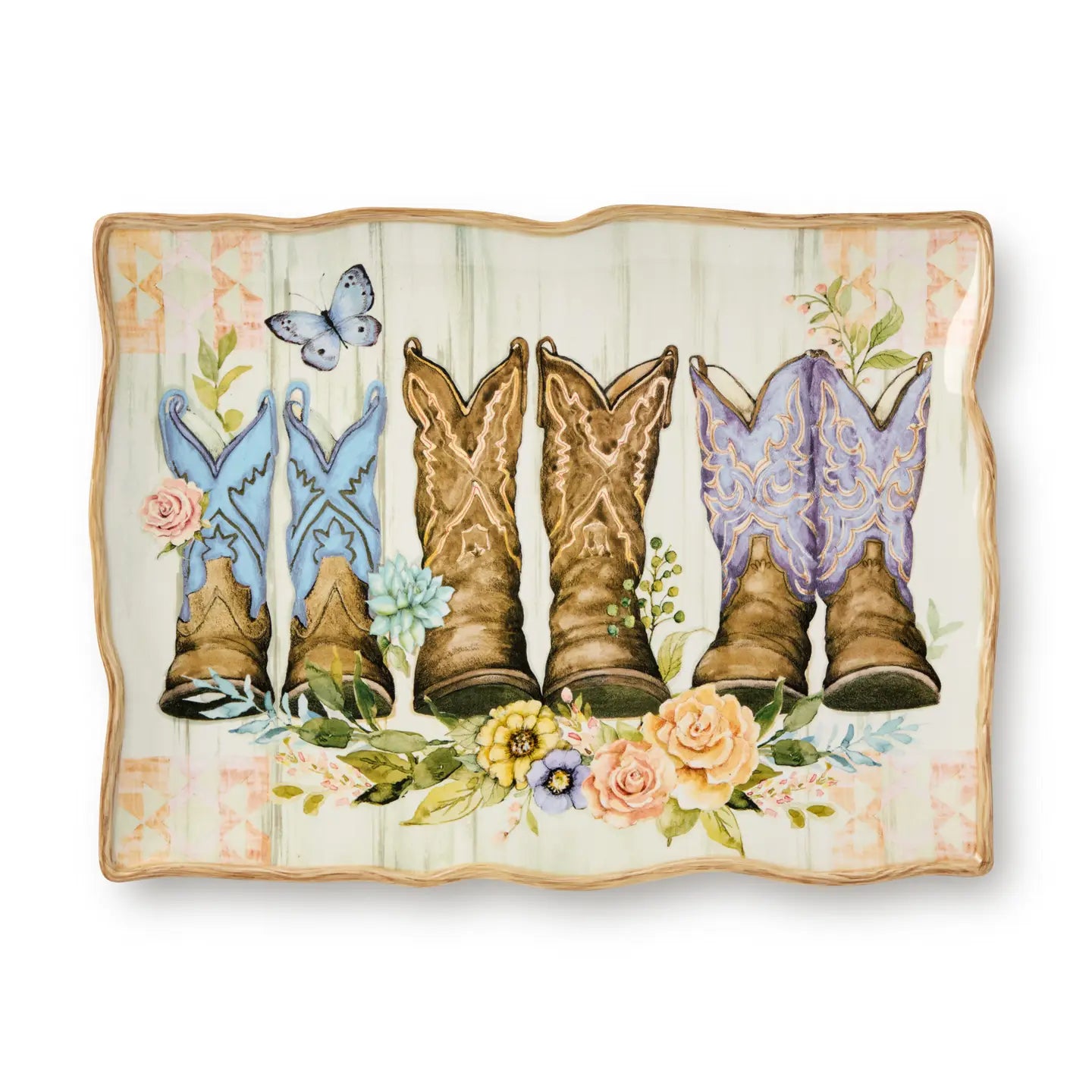 Cowgirl Boots Rectangle Platter - Barnwood Background - Butterflies - Flowers - Rigid edges - Your Western Decor