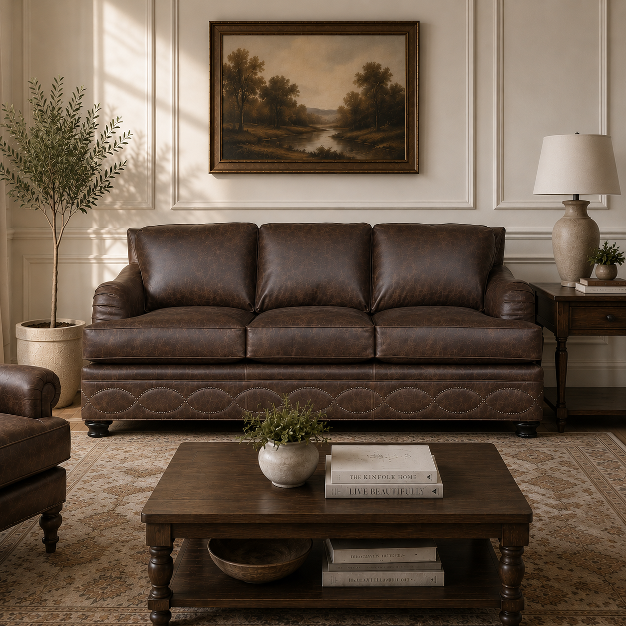 Traditional Living room with Fort Worth Leather Sofa featuring nailhead trim against cream wainscoting walls, dark wood coffee table and neutral patterned rug.