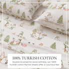 Flannel sheets with gnome and tree pattern on a white background, labeled as 100% Turkish cotton.