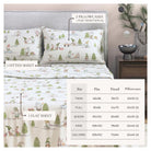 Bedding set with gnomes design on a bed, including pillowcases and sheets, with a chart showing size measurements.
