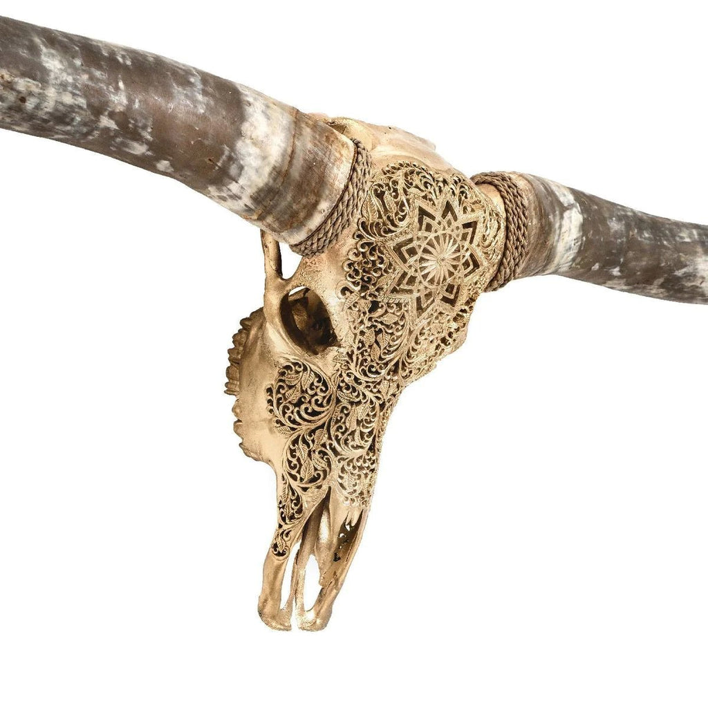 Mandala Carved Longhorn Skull Golden - Your Western Decor