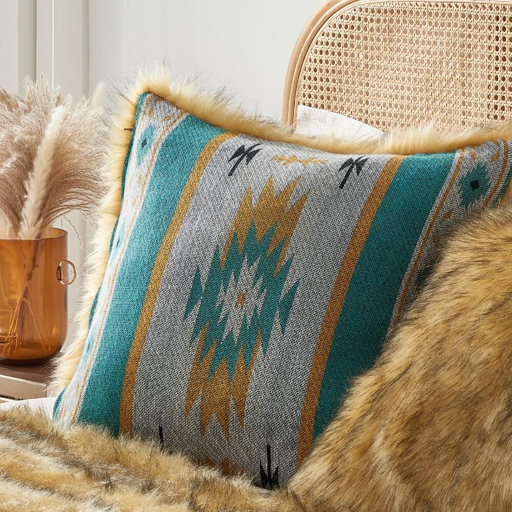 Faux Fur Aztec Pillow Covers Golden+Turquoise.Your Western Decor