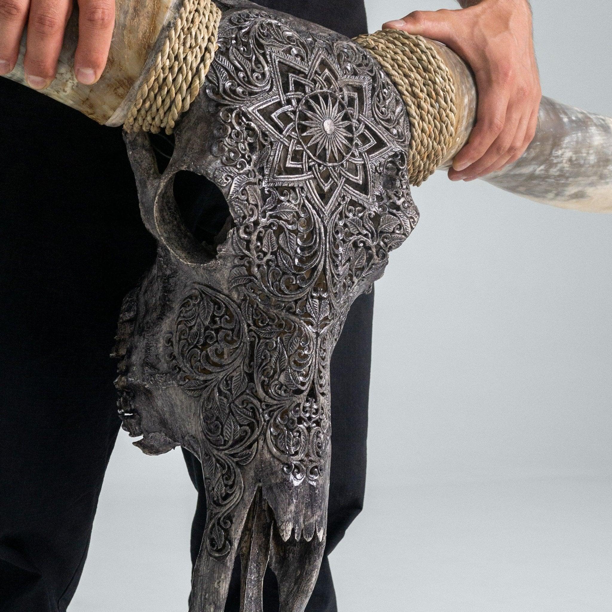 Grey Mandala Carved Longhorn Skull - Your Western Decor