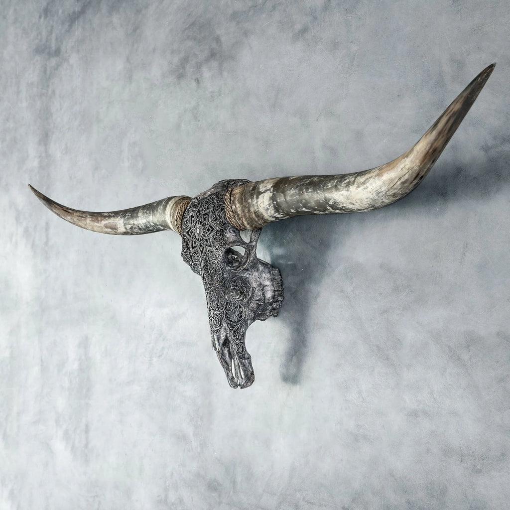 Grey Mandala Carved Longhorn Skull - Your Western Decor