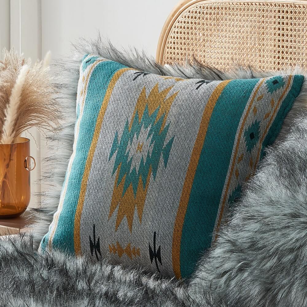 Faux Fur Aztec Pillow Covers Grey+Turquoise.Your Western Decor