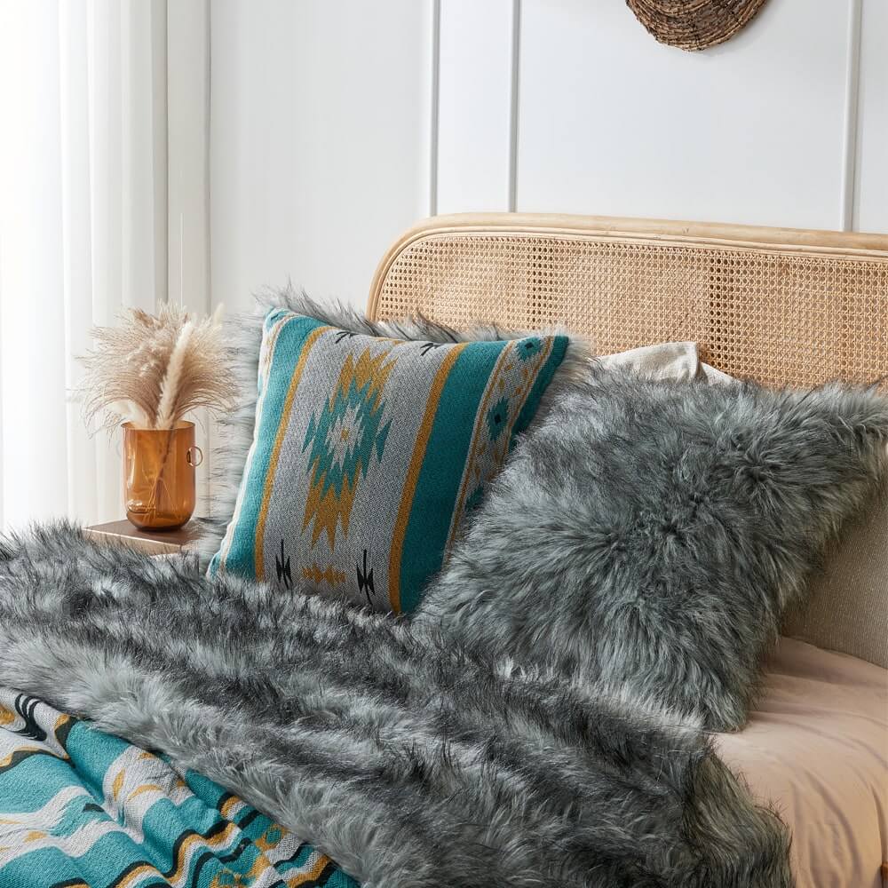 Faux Fur Aztec Pillow Covers Gery+Turquoise.Your Western Decor