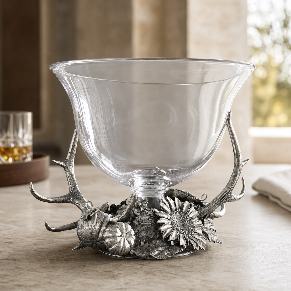 A clear glass bowl with a sculpted silver base featuring antlers, pinecones, and flowers, displayed on a tabletop in a softly lit interior setting.