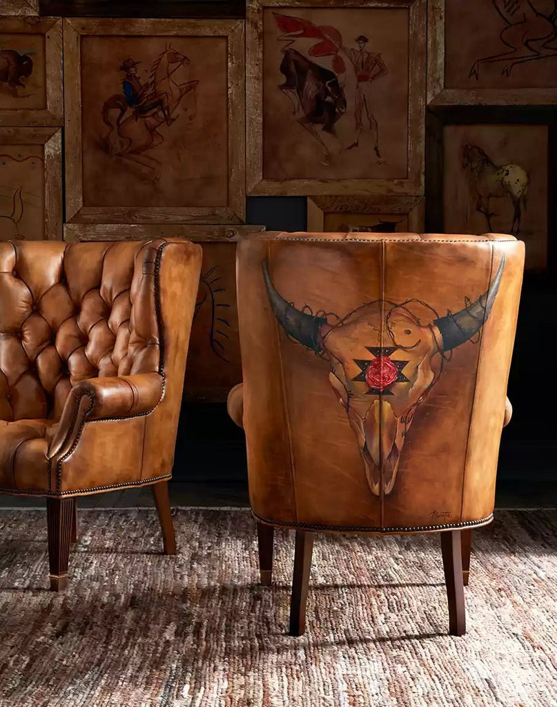 Hand painted Buffalo Skull Tufted Leather Chairs - Your Western Decor