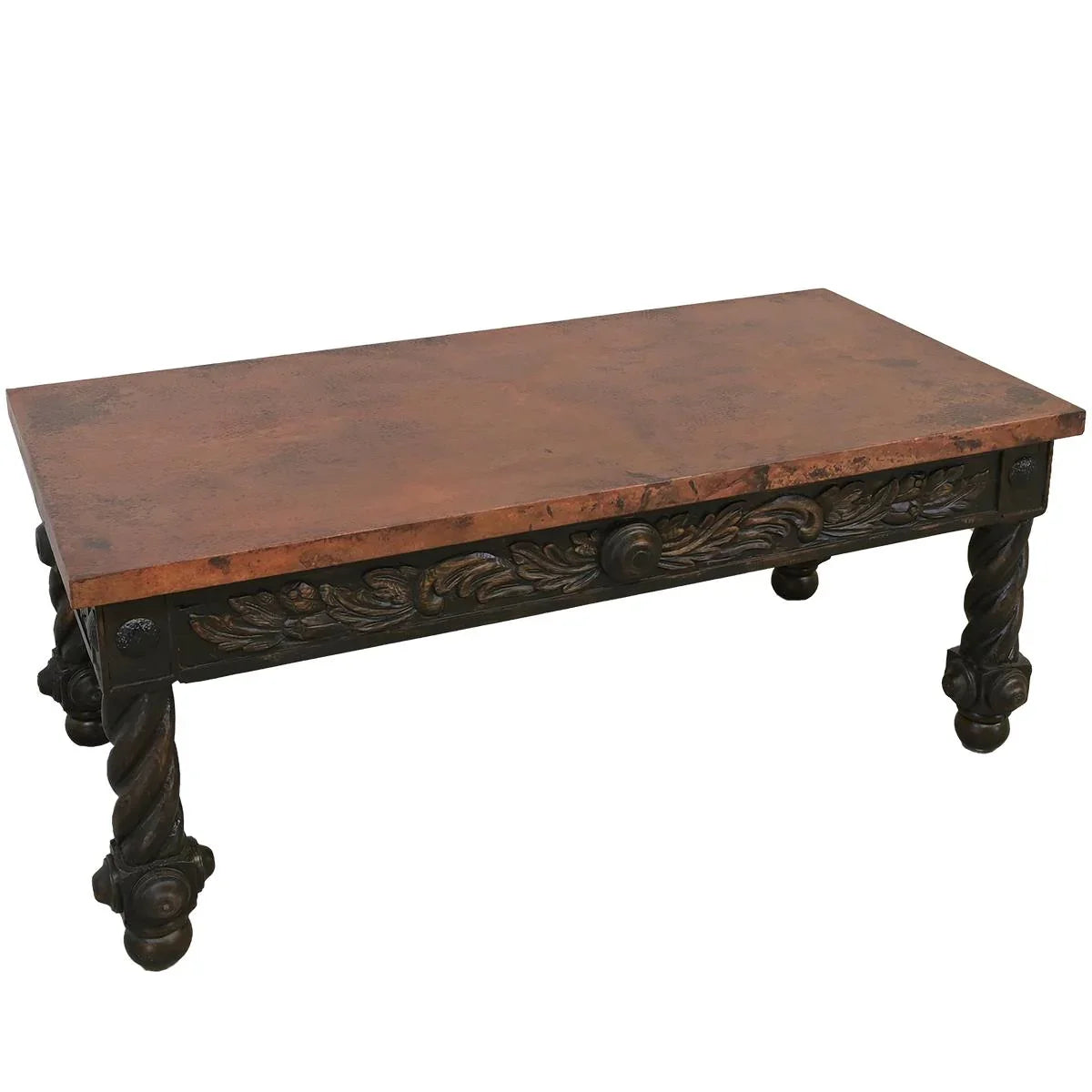 Wooden table with copper top and decorative legs on a white background