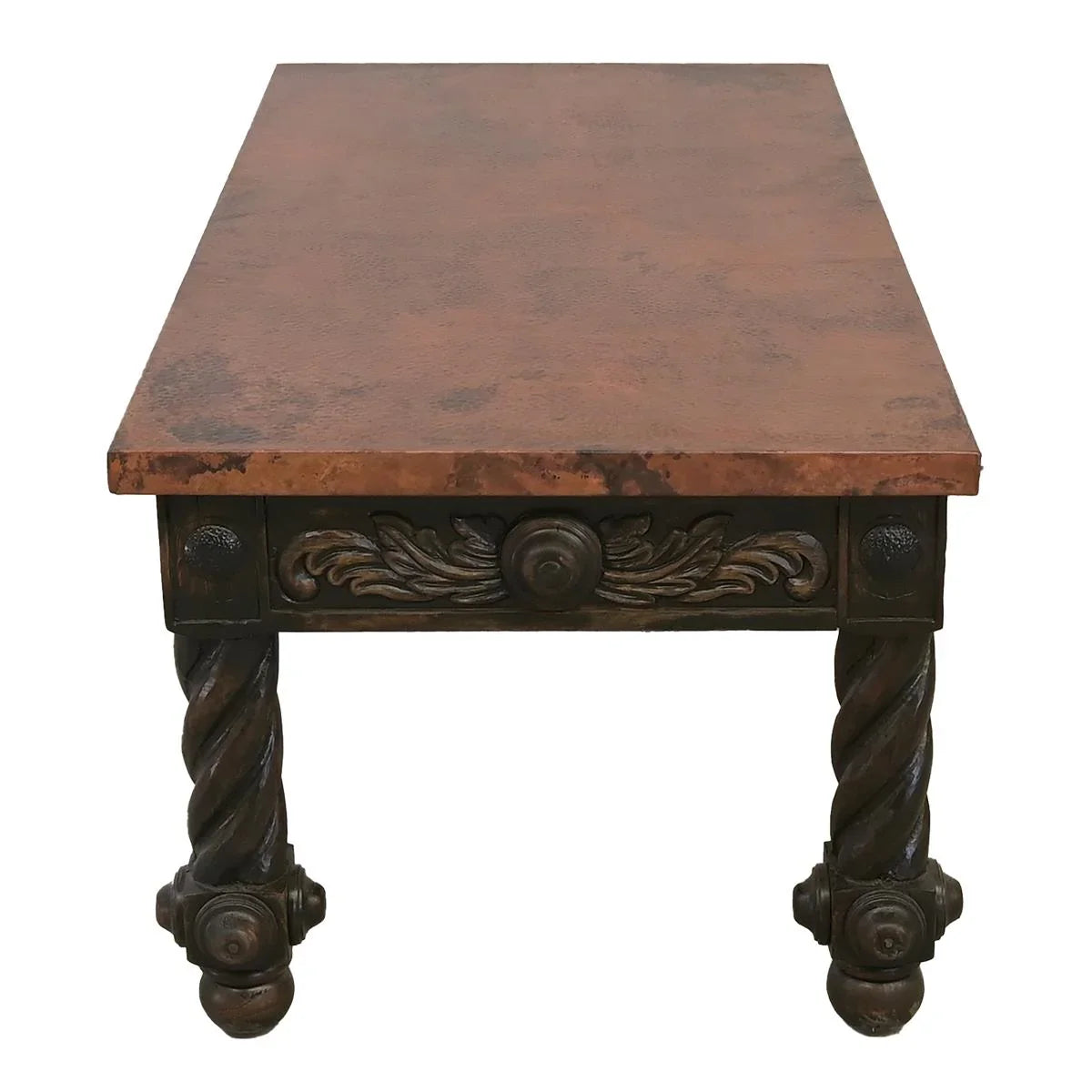 Vintage wooden table with intricate carvings on a white background