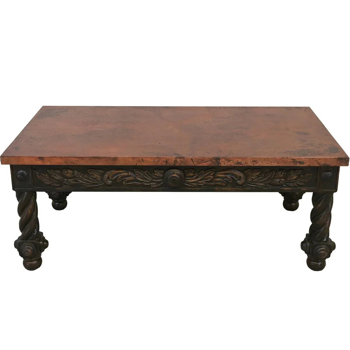 Copper & wood table with decorative carvings on a white background