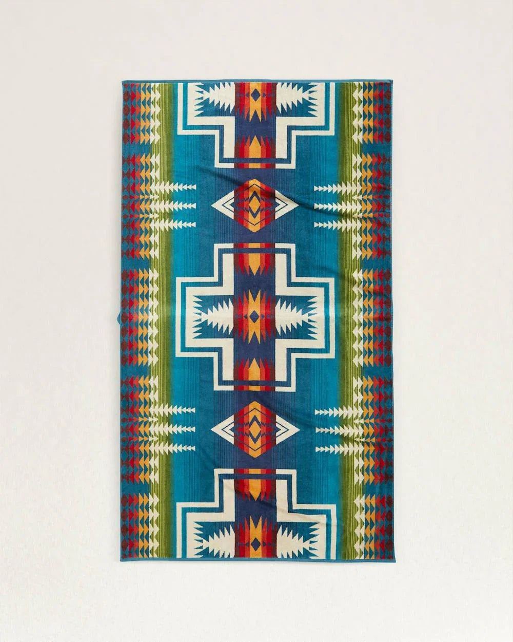 Pendleton Harding Spa & Beach Towel woven from premium cotton velour featuring the iconic Harding pattern in vibrant turquoise, navy, red, gold, and white.