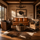 Cozy living room with brown leather furniture, a stone wall, and a framed picture of a bison.