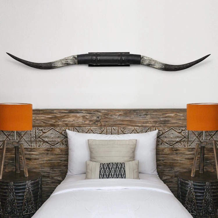 Harley Carved Longhorns Mount above bed - Your Western Decor
