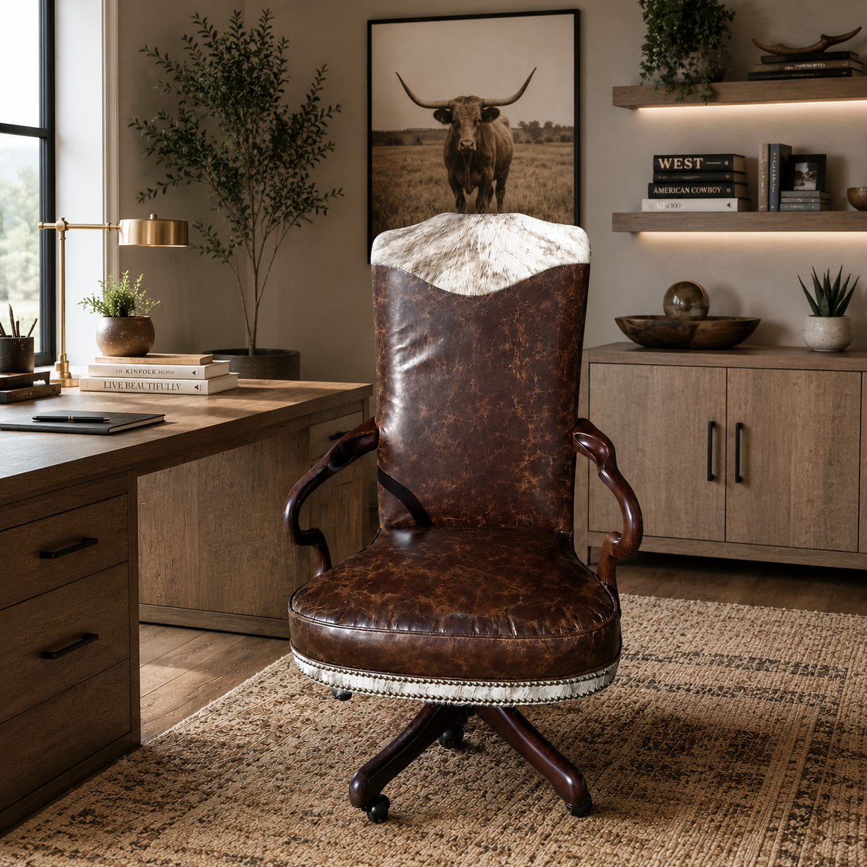 A distressed brown leather swivel office chair with a white cowhide backrest and nailhead trim, positioned in a styled home office environment with a desk, wood cabinets, and a rug.