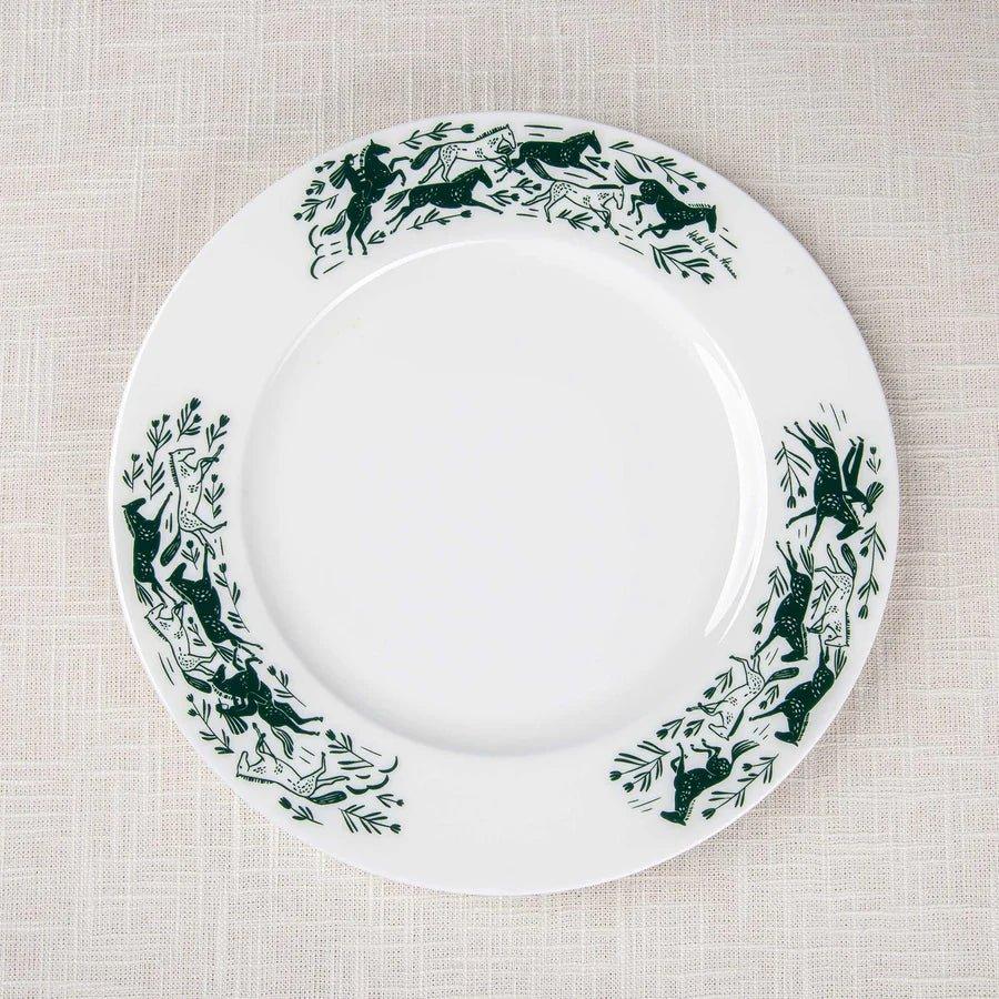 White porcelain dinner plate with running horses in green on rim - Your Western Decor