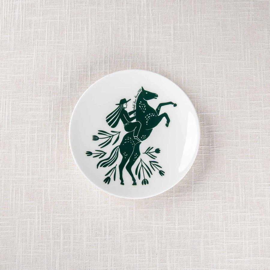 Green and white hold your horses canape plate with rearing horse and rider - Your Western Decor