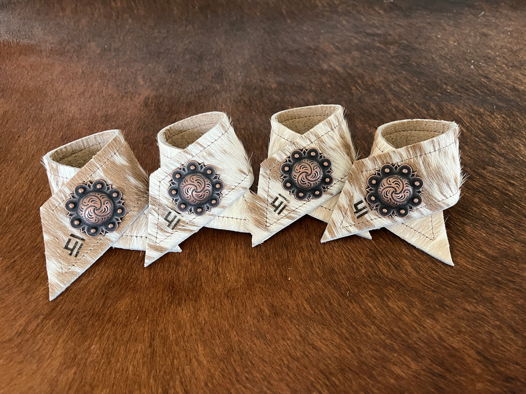 4-pc custom branded cowhide napkin rings with berry conchos - handmade in Oregon by Randee Mckague at Your Western Decor