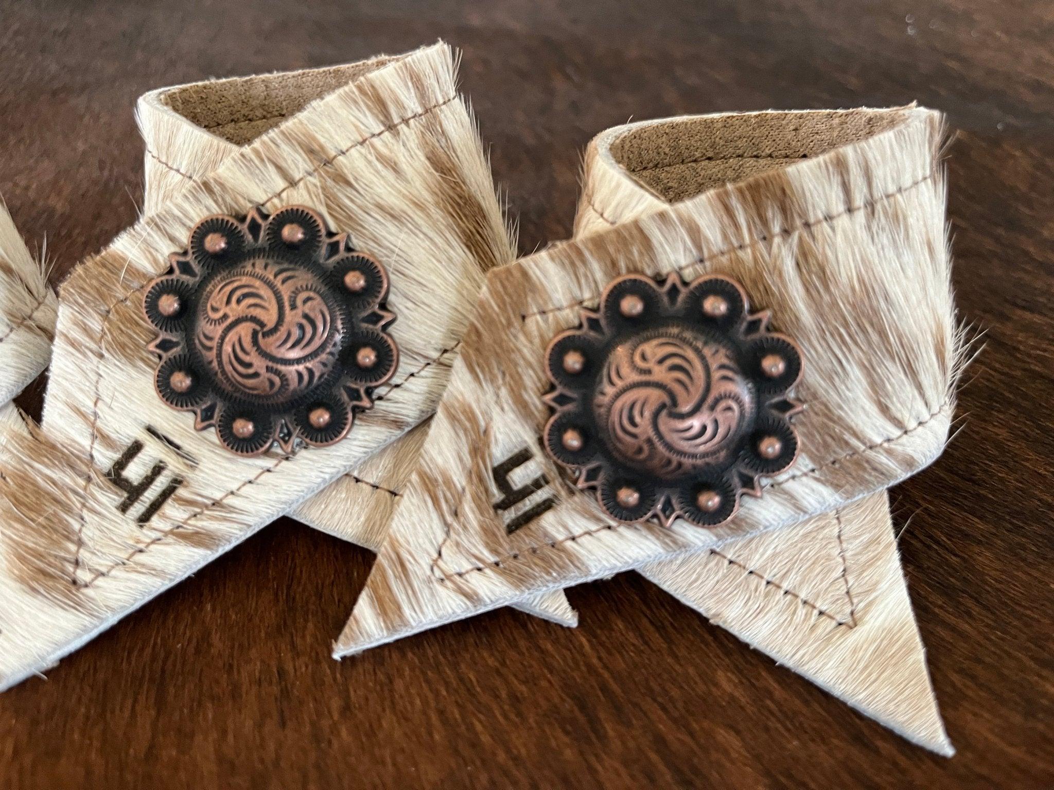 4-pc custom branded cowhide napkin rings with berry conchos - handmade in Oregon by Randee Mckague at Your Western Decor