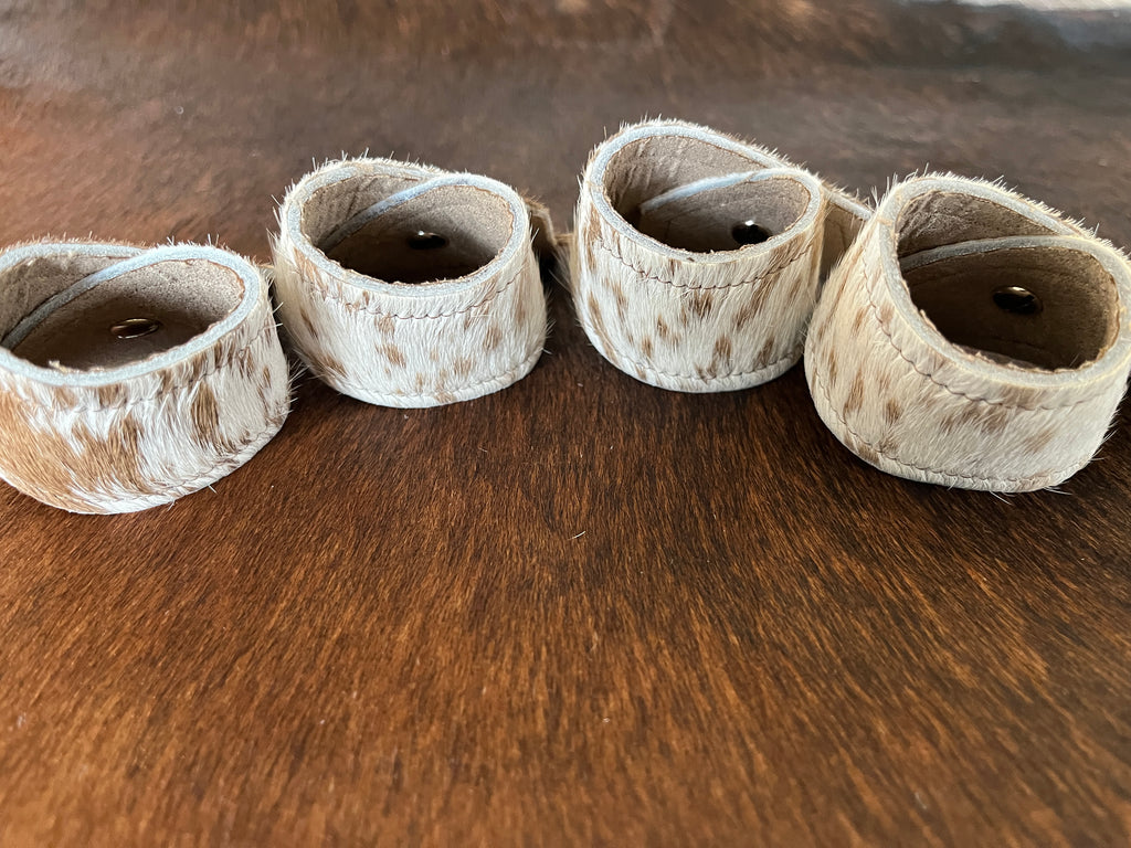 4-pc custom branded cowhide napkin rings with berry conchos - handmade in Oregon by Randee Mckague at Your Western Decor