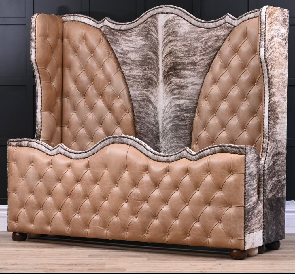 Light brindle cowhide, light brown leather tufted western bed frame made in the USA - Your Western Decor