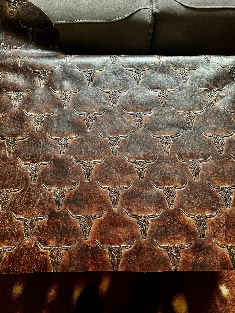 Custom embossed bronze longhorn leather hides - Your Western Decor