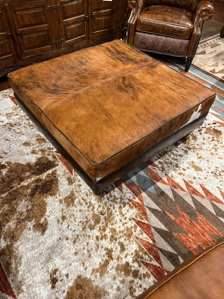 Southwest Rancher Area Rug with Cowhide and Leather Upholstered Ottoman made in the USA - Your Western Decor