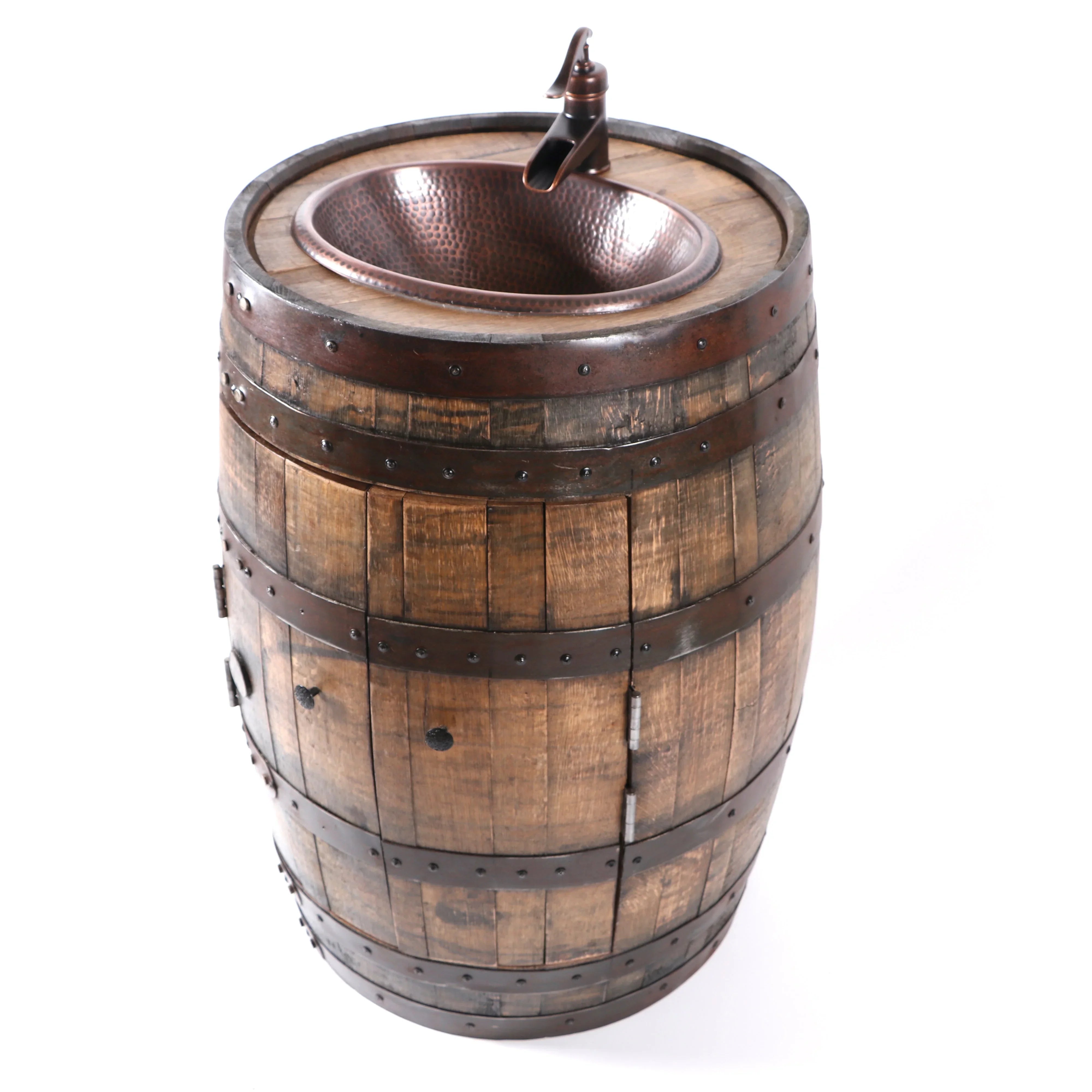 A vanity sink barrel with a copper bowl and faucet, constructed from brown wood with metal accents and hardware.