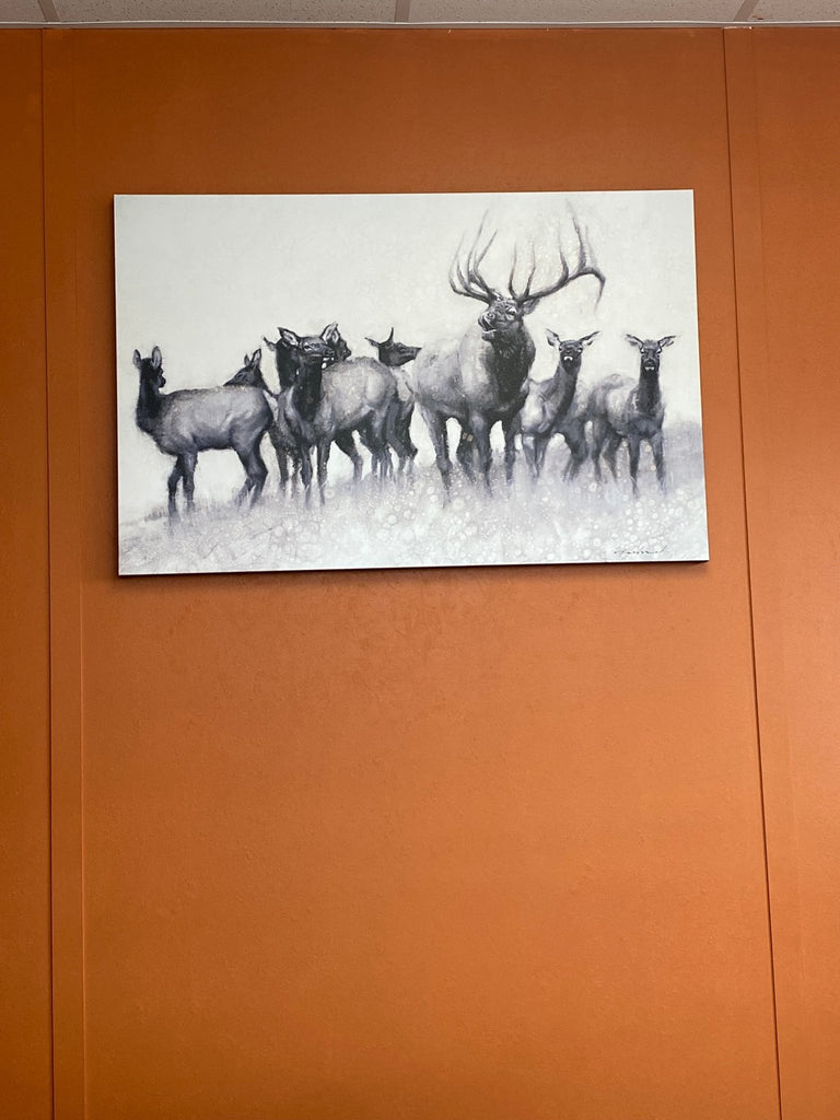 Elk herd art in Woodgrain, Tony's office Pilot Rock, OR - Your Western Decor