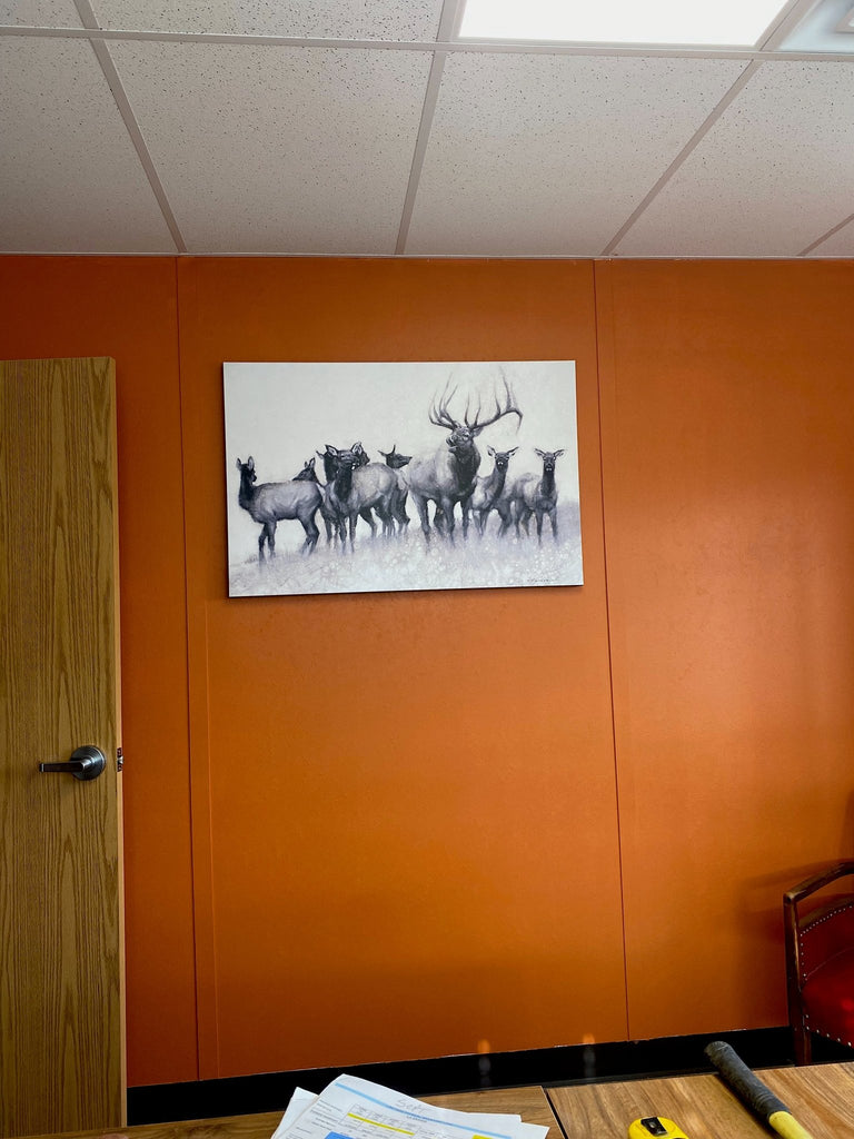 Elk herd art in Woodgrain, Tony's office Pilot Rock, OR - Your Western Decor
