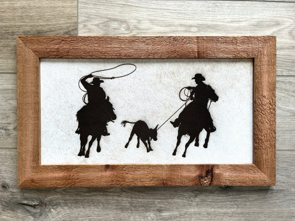 Laser team roping on cowhide wall decor - made in the USA - Your Western Decor