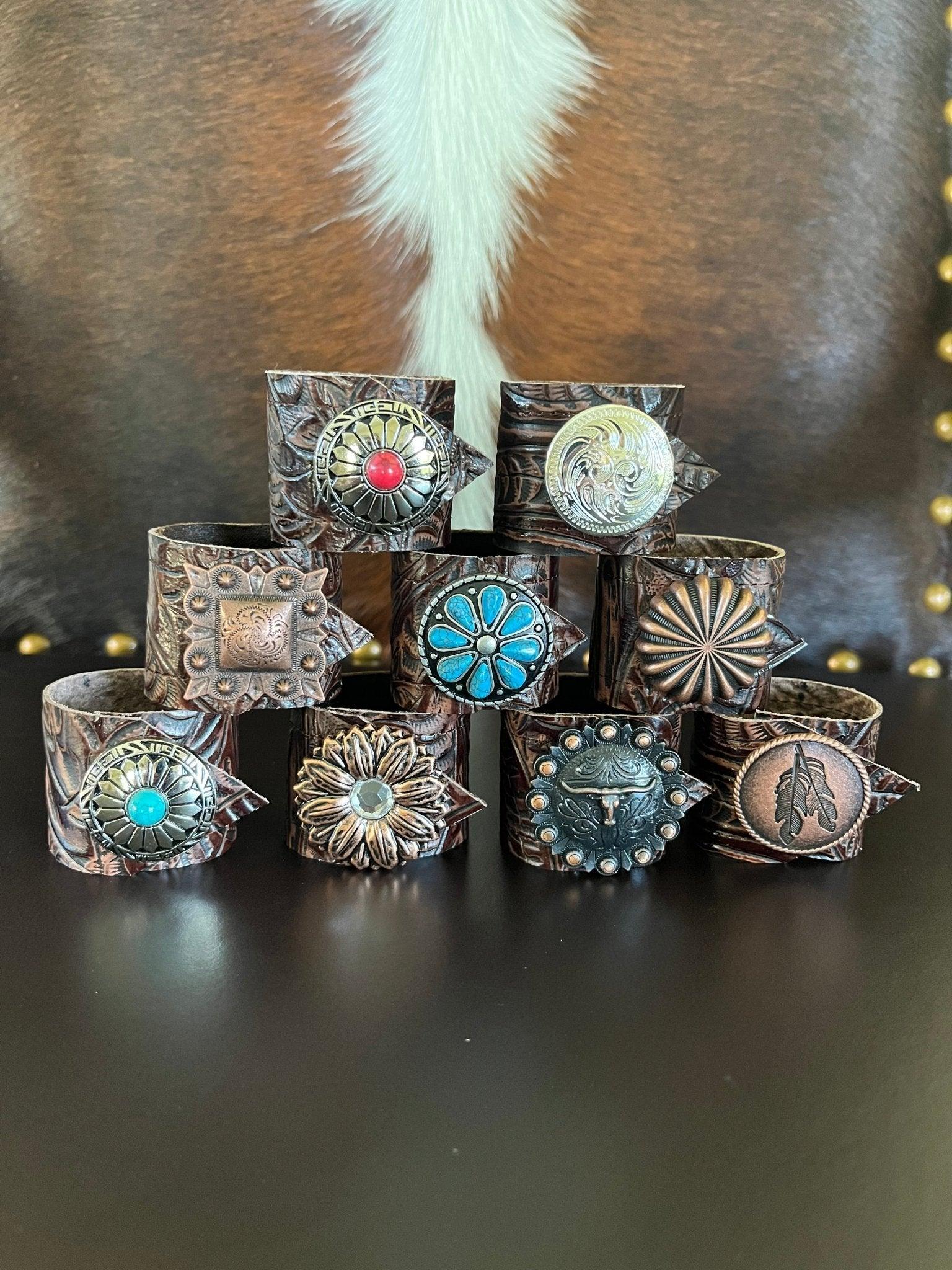 Western leather and concho napkin rings handmade by Your Western Decor