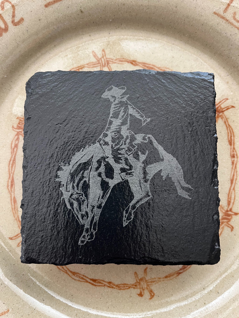 Engraved cowboy bronc western slate coasters made to order - Your Western Decor