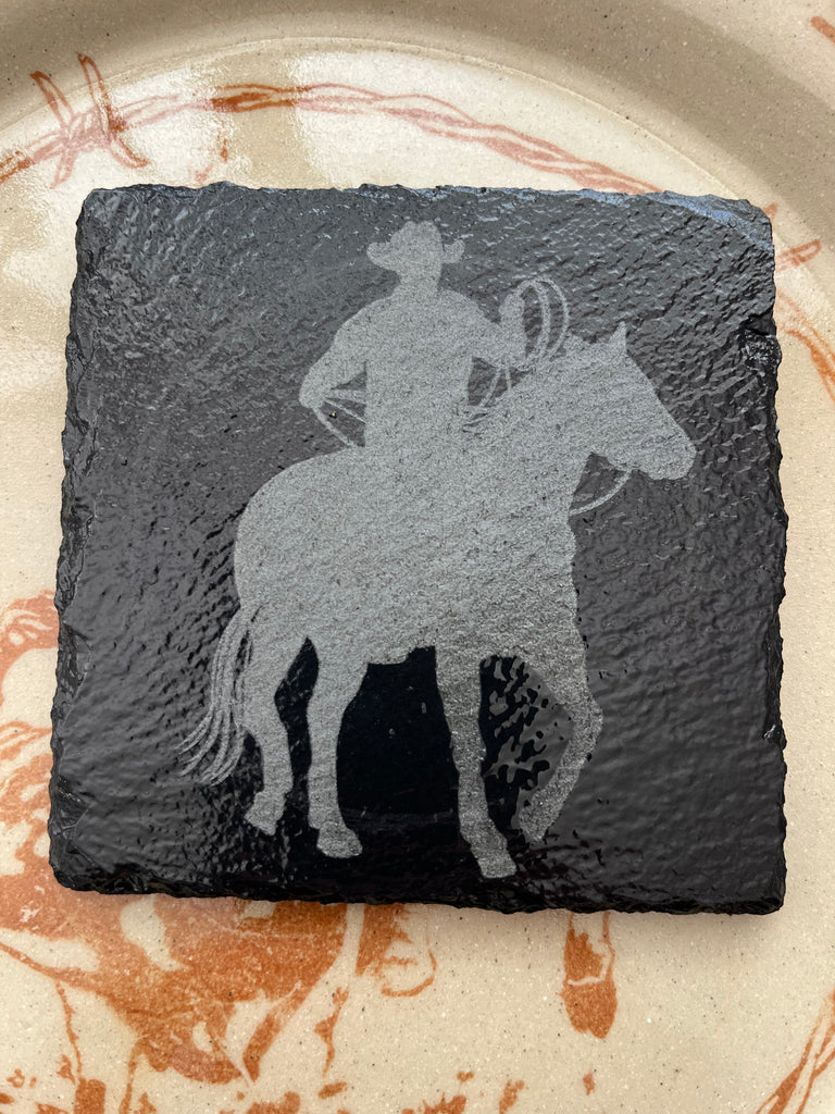 Engraved roping cowboy slate coasters made to order - Your Western Decor