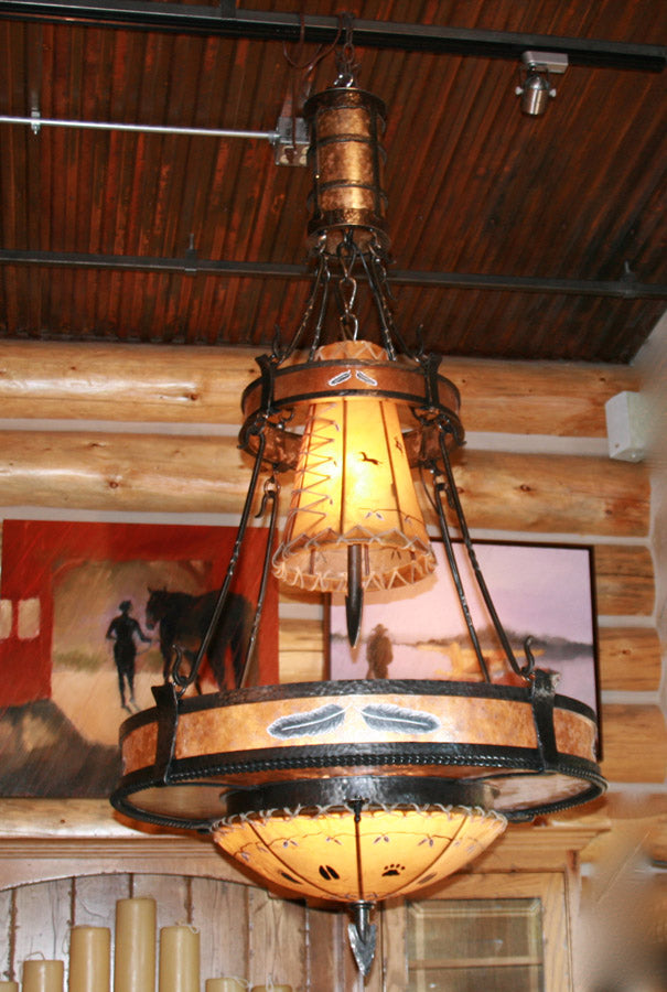 The Painted Feather Chandelier handmade of iron, mica, and rawhide in the USA - Your Western Decor