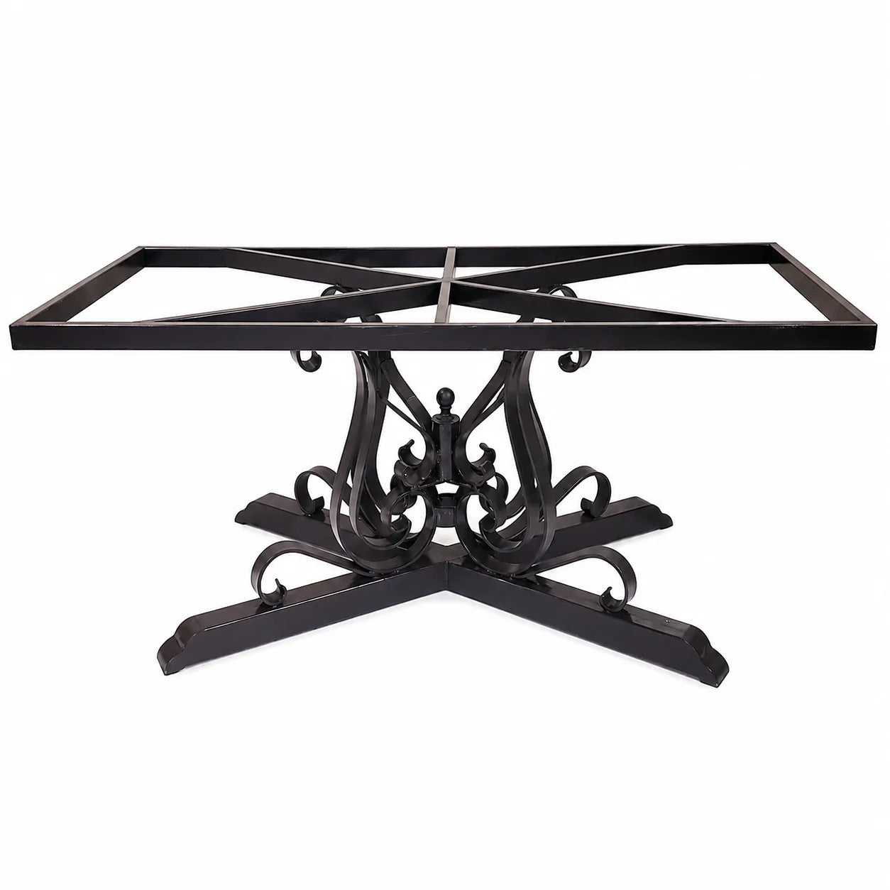 Black iron dining table base with a rectangular frame top and ornate scrollwork pedestal base, shown on a white background.