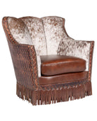 Brown peppered cowhide swivel chair with leather, fringe and nail trim 