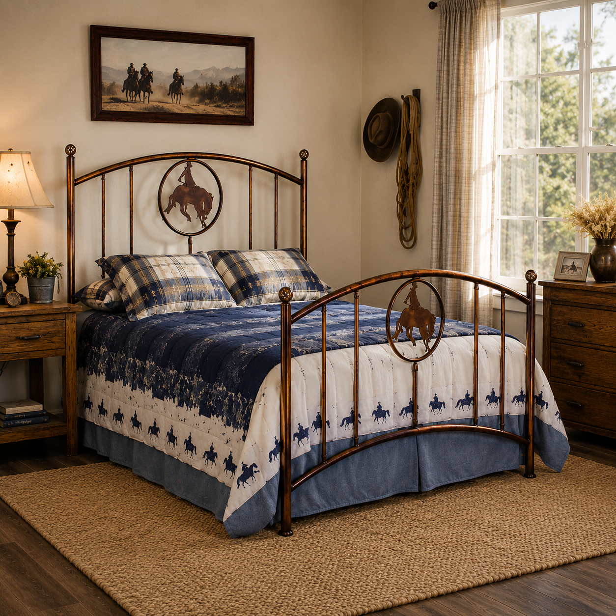 Rustic Western metal bed frame with bronc rider medallions on the headboard and footboard, styled in a cozy ranch-inspired bedroom with plaid bedding, warm wood furniture, and natural sunlight streaming through large windows.