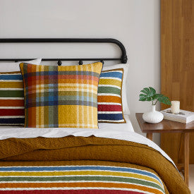 Joshua Tree Euro Sham - Plaid Stripes - Ochre Yellow, Blue, Red & Orange - Your Western Decor