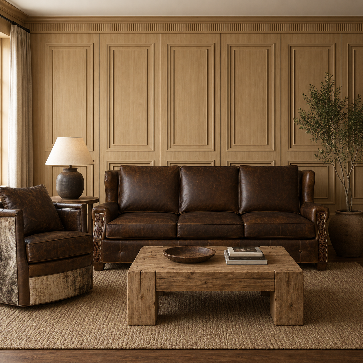 Lakota Ranch Luxury Leather Sofa with crocodile-embossed arm detailing Rustic western living room with cowhide swivel chair, and a chunky reclaimed wood coffee table. The space is styled with warm neutral tones, textured rugs, natural light, and elegant wood wall paneling for a refined ranch-inspired aesthetic.