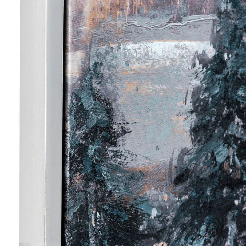 abstract pine forest landscape canvas wall art set in blue and neutral tones for modern rustic and designer interiors - detail view