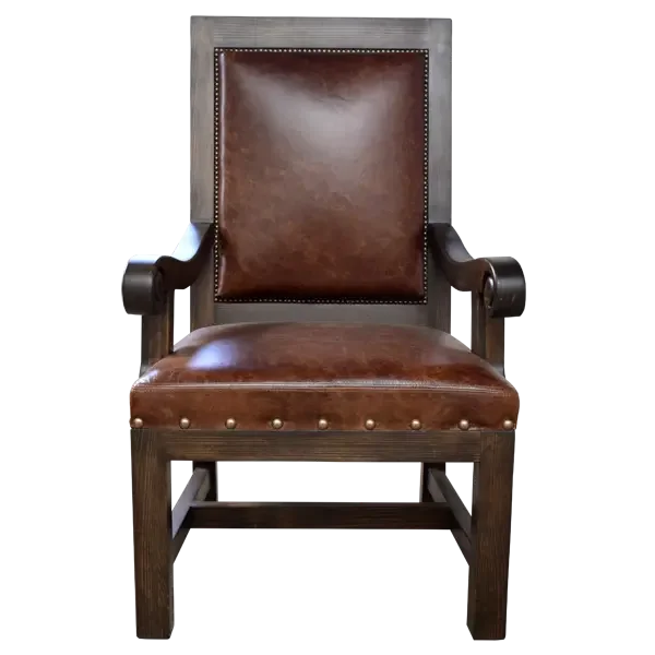 Wood and leather upholstered brown dining chair with arms - Your Western Decor