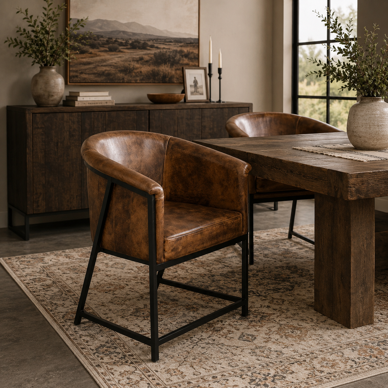 A rustic brown leather dining chair with a black metal frame is positioned in a styled dining room next to a wooden table and rug, with another matching chair and a dark wood credenza in the background.