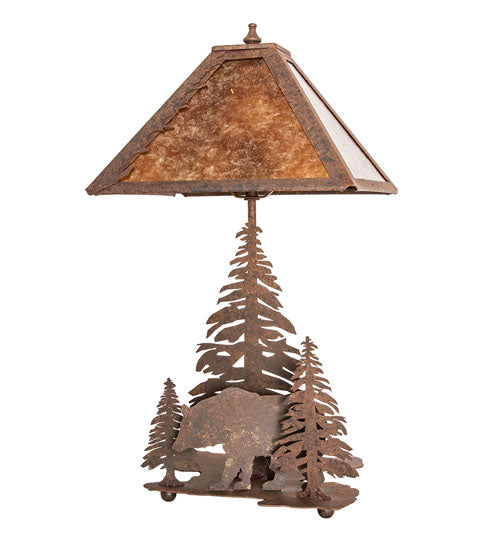 Lone Bear Table Lamp with amber mica shade and metal pine tree and bear silhouette base