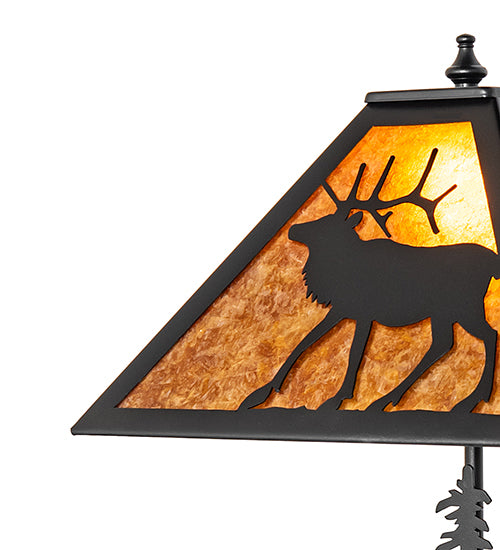 Rustic elk table lamp shade with amber mica and black elk silhouette detail