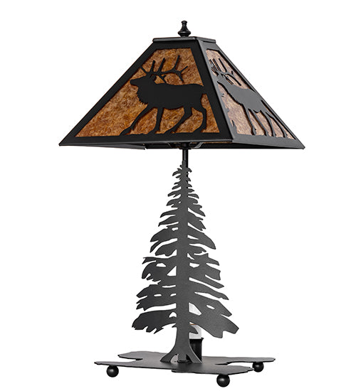 Lone elk table lamp with amber mica shade and black pine tree base unlit